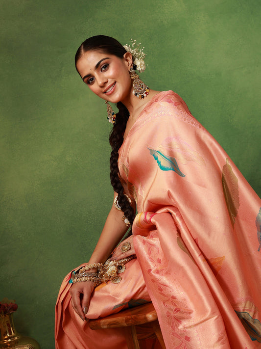 Peach Katan Silk Banarasi Saree