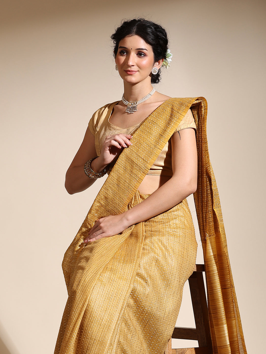 Phalechar Musturd Silk with Needle Art