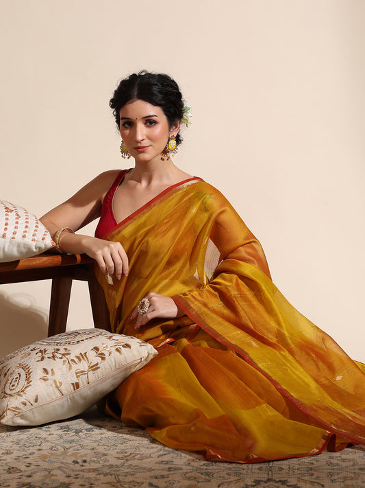 Dual Shade Yellow Maheshwari Saree with Golden zari border