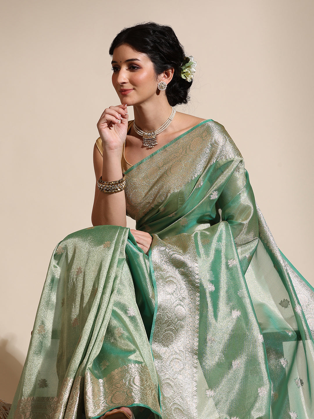 Mint Green Banarasi Tissue Saree