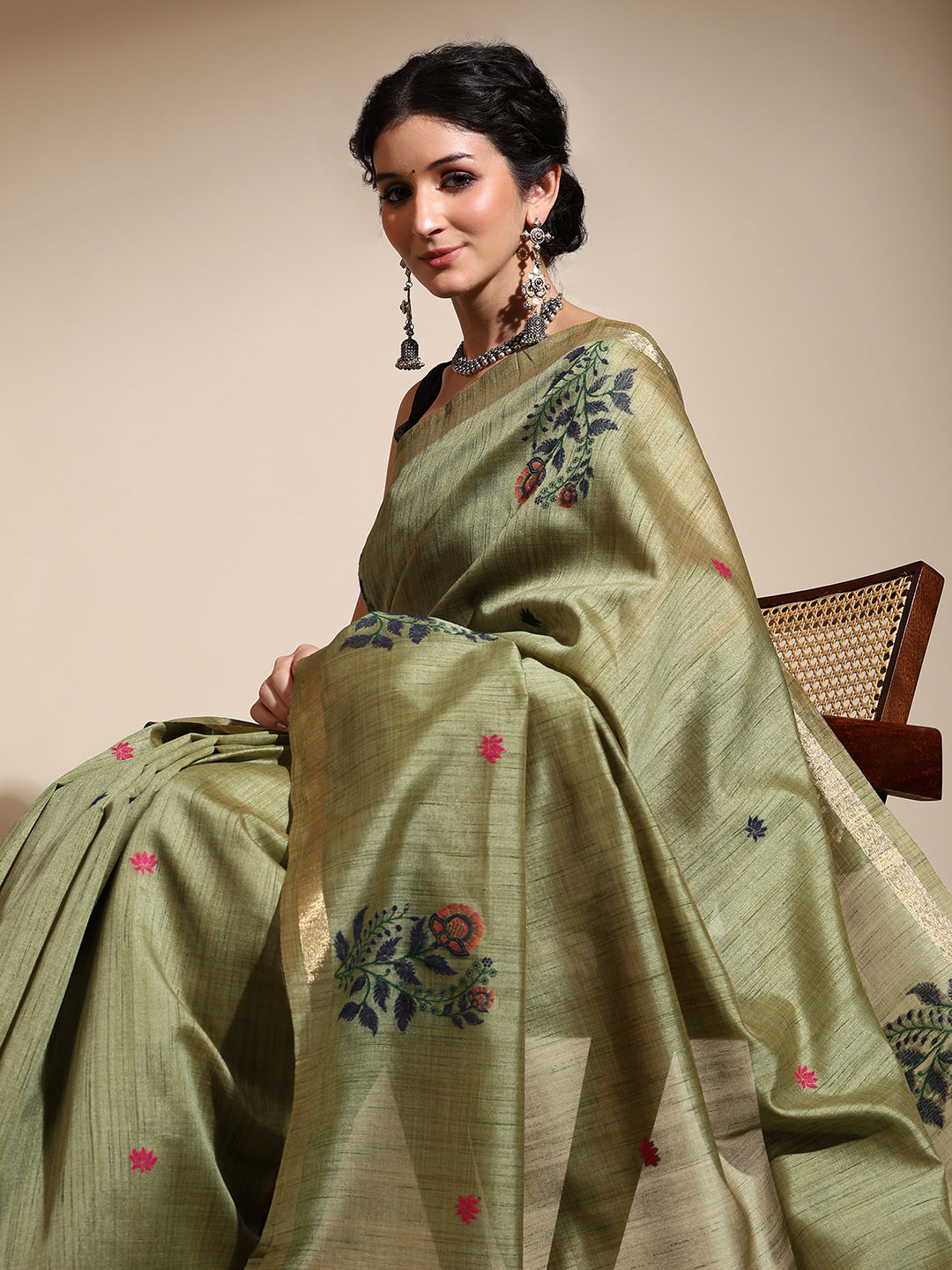 Olive Green Muga Cotton Saree