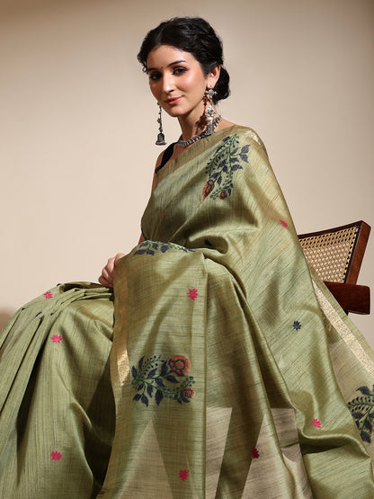 Olive Green Muga Cotton Saree