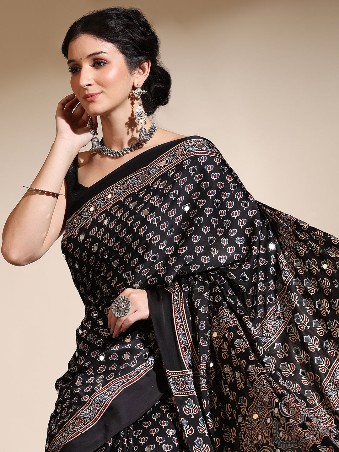 Black Ajrakh Hand Block Printed Modal Silk Saree with Mirror Work