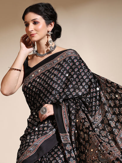 Black Ajrakh Hand Block Printed Modal Silk Saree with Mirror Work