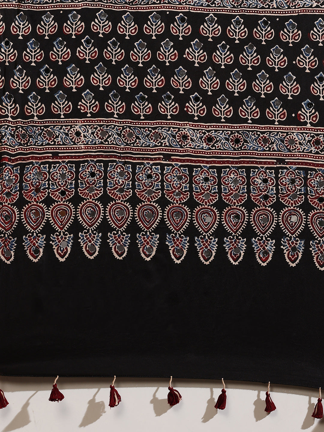 Black Ajrakh Hand Block Printed Modal Silk Saree with Mirror Work