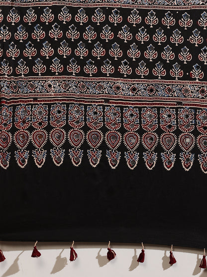 Black Ajrakh Hand Block Printed Modal Silk Saree with Mirror Work
