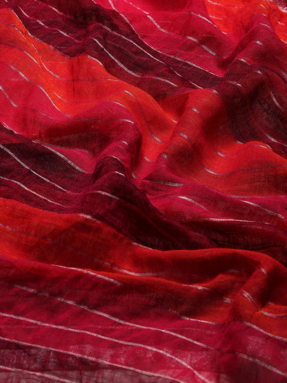 Multi-colored linen saree with silver zari interlacing