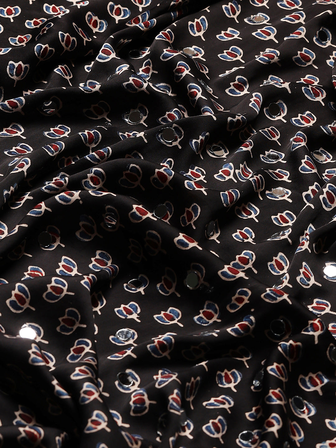 Black Ajrakh Hand Block Printed Modal Silk Saree with Mirror Work