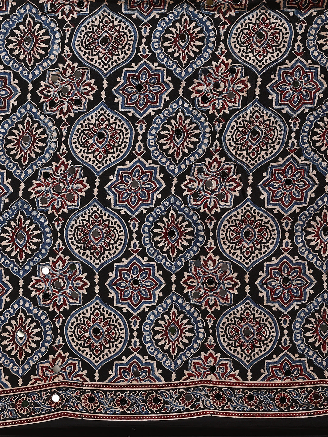 Black Ajrakh Hand Block Printed Modal Silk Saree with Mirror Work