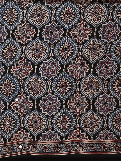 Black Ajrakh Hand Block Printed Modal Silk Saree with Mirror Work