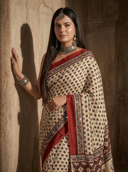 Cream Ajrakh Hand Block Printed Modal Silk Saree with Mirror Work