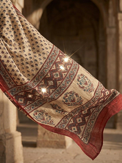 Cream Ajrakh Hand Block Printed Modal Silk Saree with Mirror Work