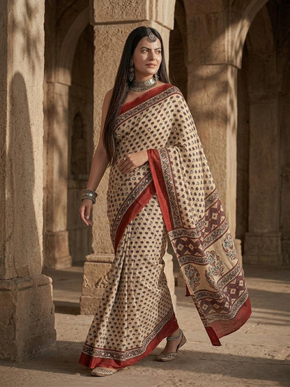 Cream Ajrakh Hand Block Printed Modal Silk Saree with Mirror Work