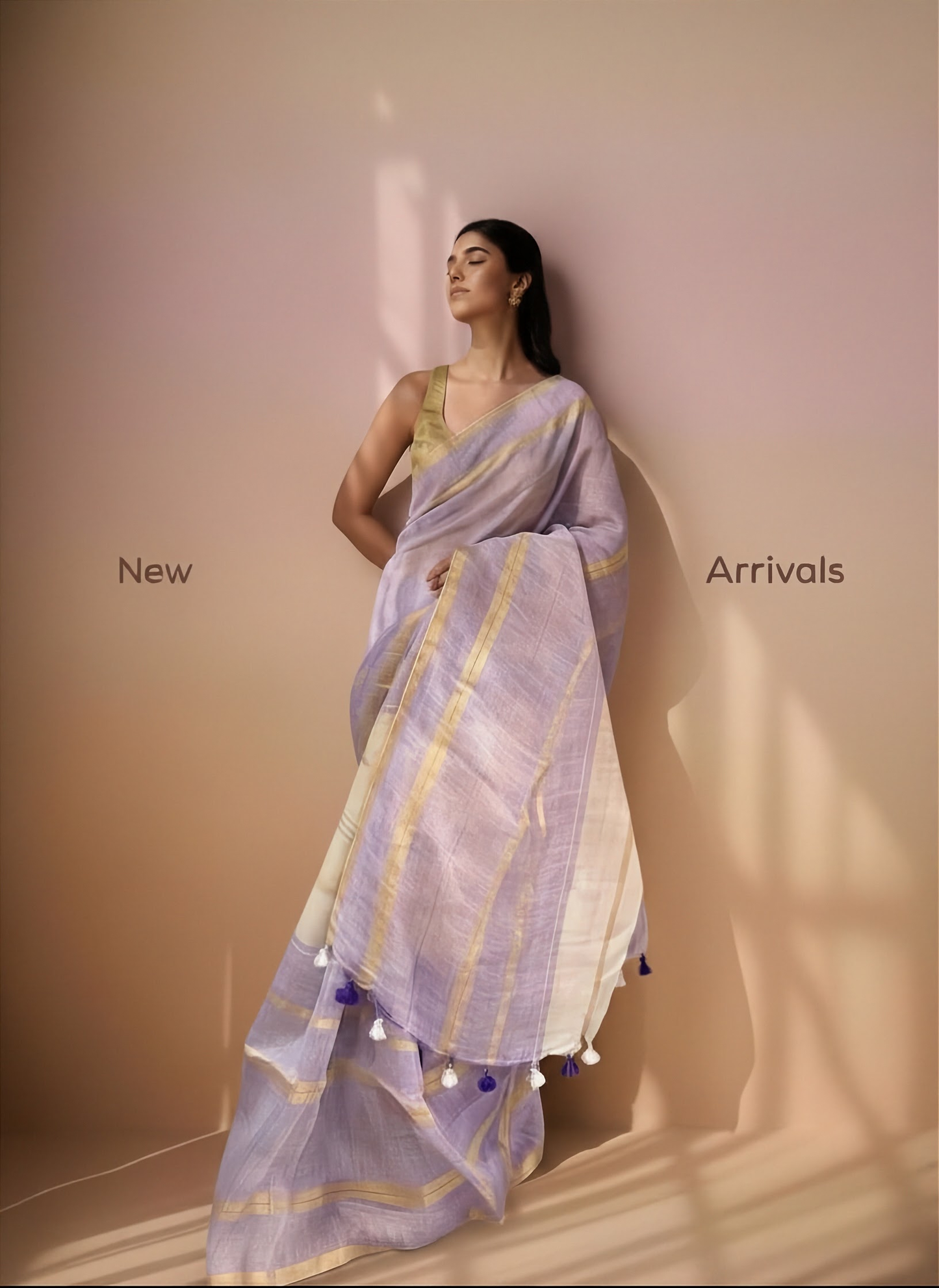 Lavender & White Pure Linen Saree with Golden Zari Stripes
