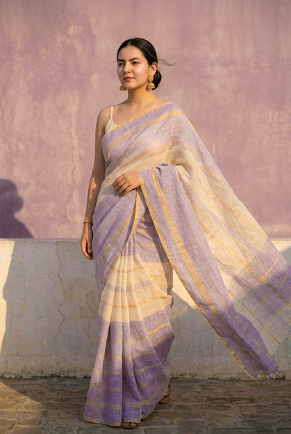 Lavender & White Pure Linen Saree with Golden Zari Stripes