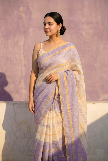 Lavender & White Pure Linen Saree with Golden Zari Stripes