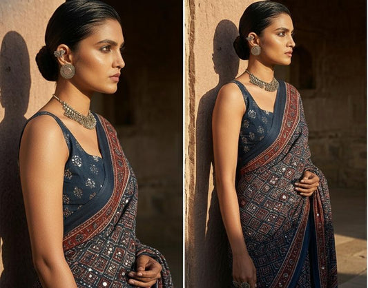 Ajrakh Saree with mirror work