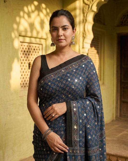 Indigo Ajrakh Hand Block Printed Modal Silk Saree with Mirror Work