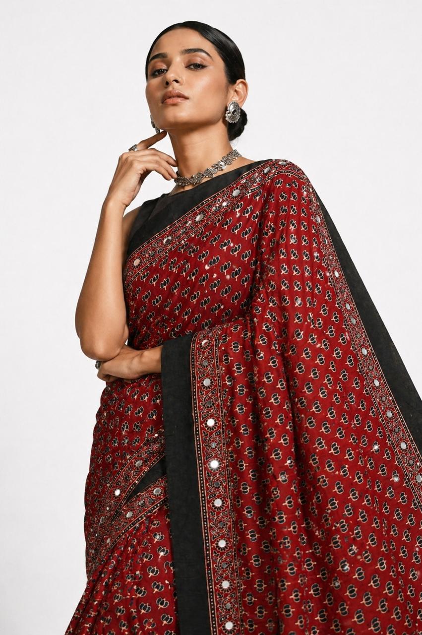 Brick Red Ajrakh Hand Block Printed Modal Silk Saree with Mirror Work