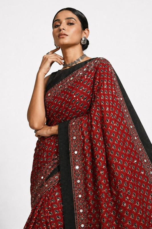 Brick Red Ajrakh Hand Block Printed Modal Silk Saree with Mirror Work