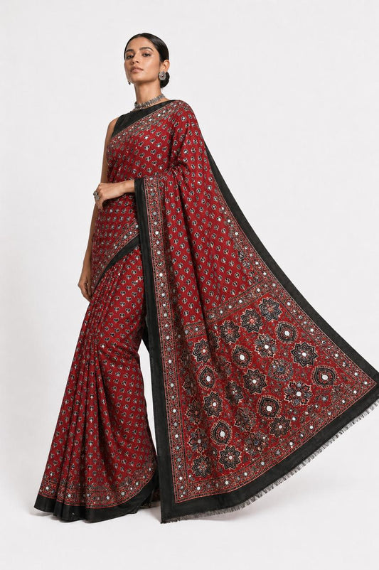 Brick Red Ajrakh Hand Block Printed Modal Silk Saree with Mirror Work