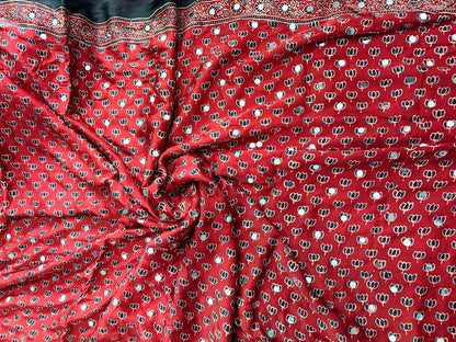Brick Red Ajrakh Hand Block Printed Modal Silk Saree with Mirror Work