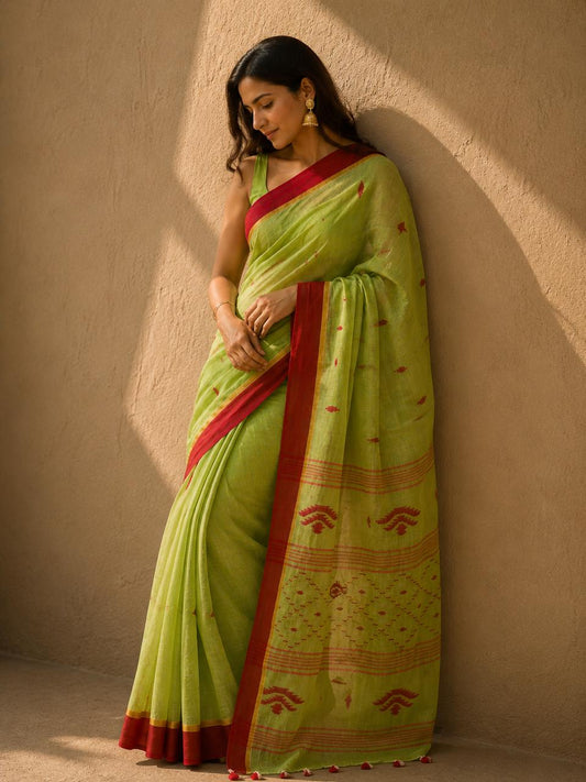 Green Linen Jamdani Saree with Red Motifs