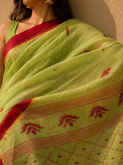 Green Linen Jamdani Saree with Red Motifs