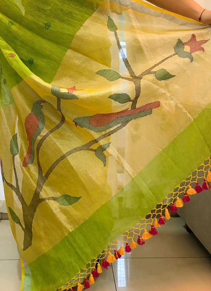 Green Linen Saree with Paithni Work on Pallu