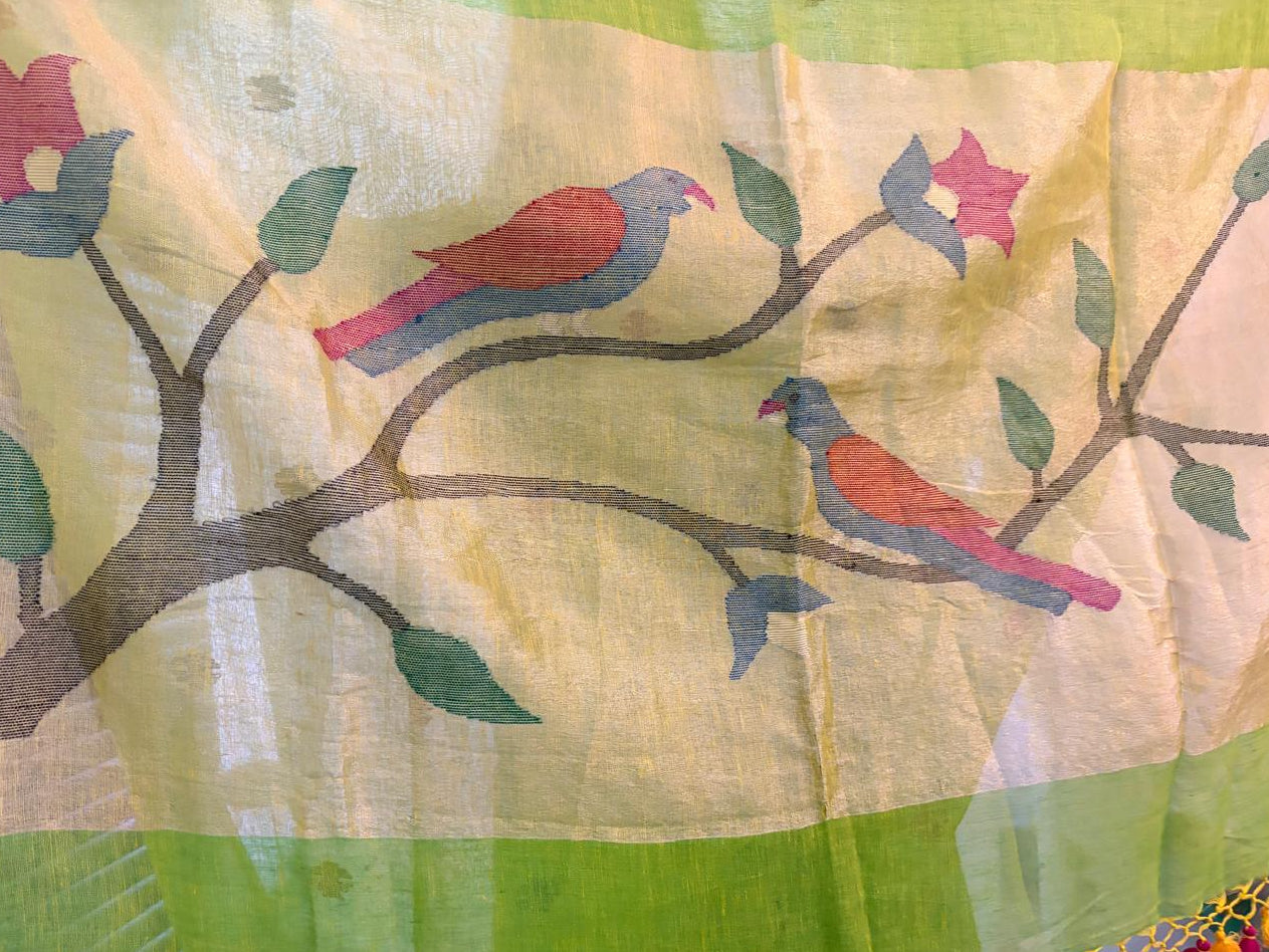 Green Linen Saree with Paithni Work on Pallu