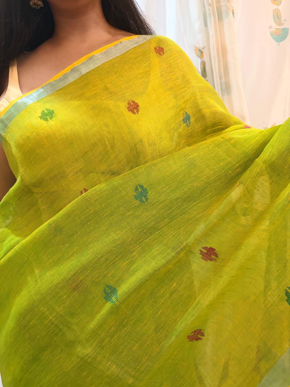 Green Linen Saree with Paithni Work on Pallu