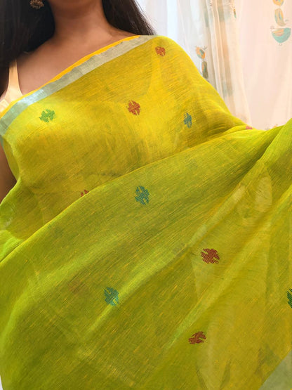 Green Linen Saree with Paithni Work on Pallu