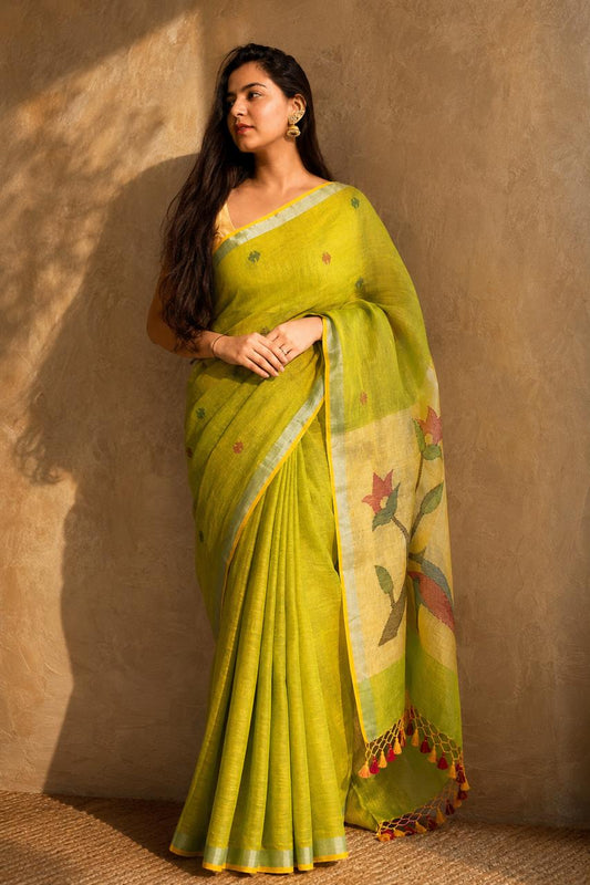 Green Linen Saree with Paithni Work on Pallu