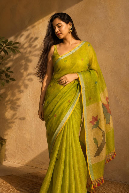 Green Linen Saree with Paithni Work on Pallu