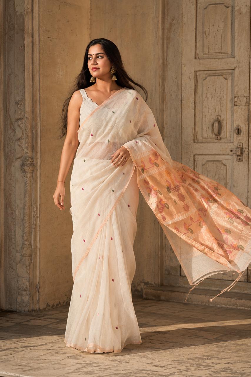 Matka muslin white saree with golden paithani pallu