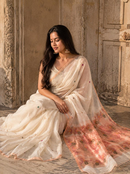 Matka muslin white saree with golden paithani pallu
