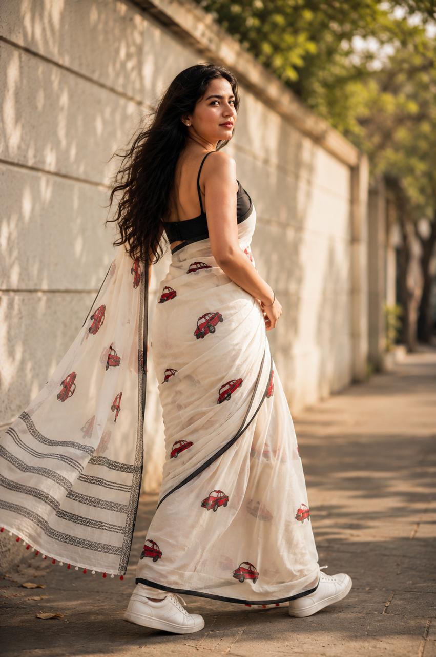 White mul cotton saree with car hand block print