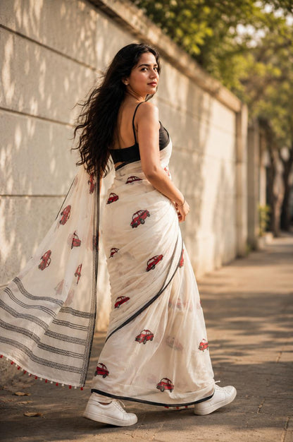 White mul cotton saree with car hand block print