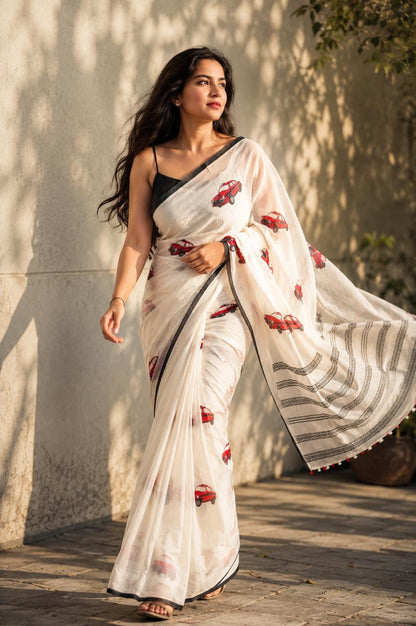 White mul cotton saree with car hand block print