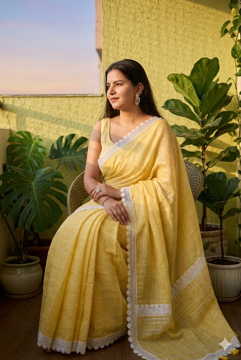 Linen saree with white lace