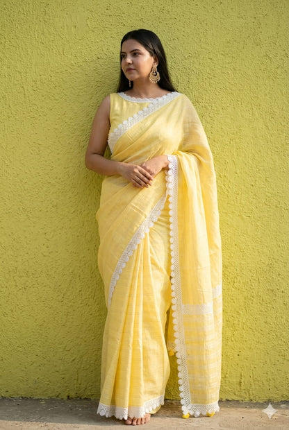 Linen saree with white lace