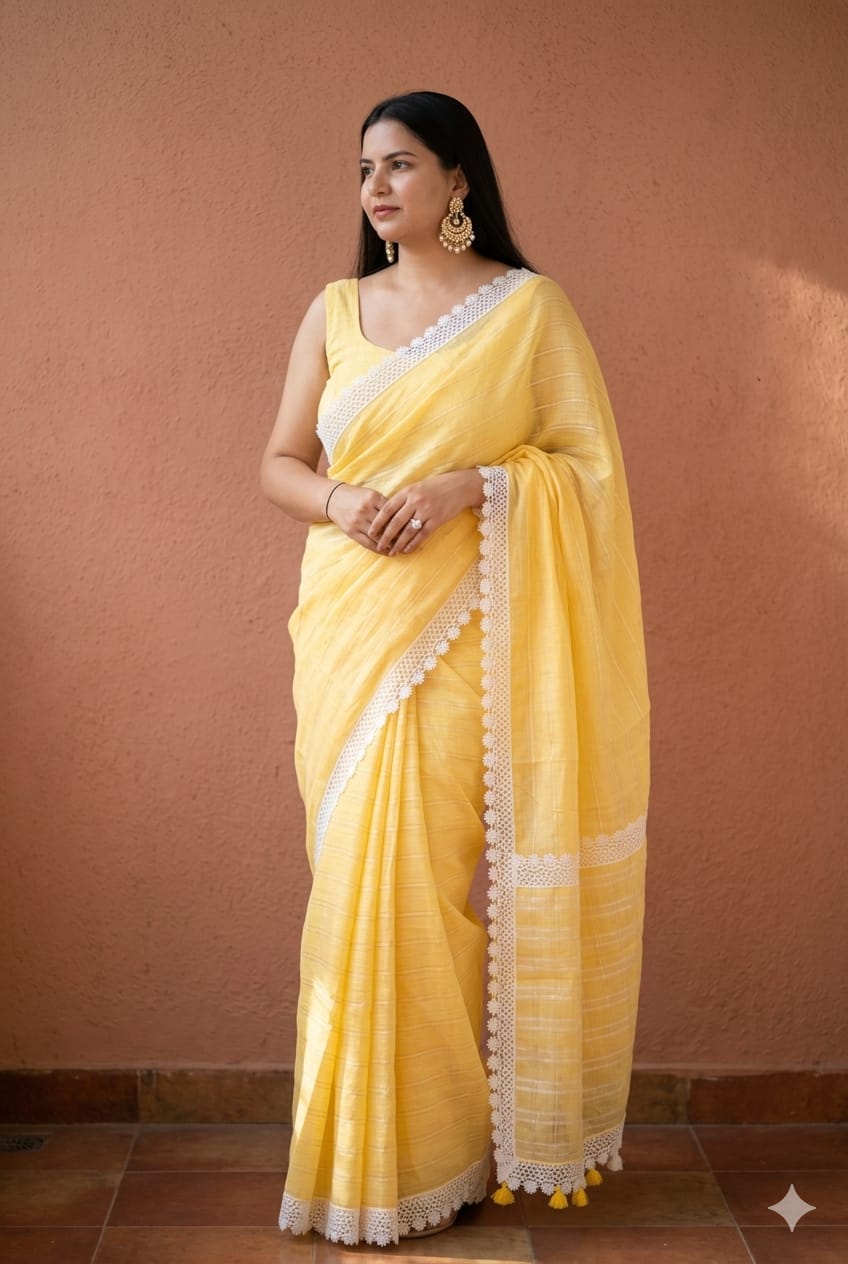 Linen saree with white lace