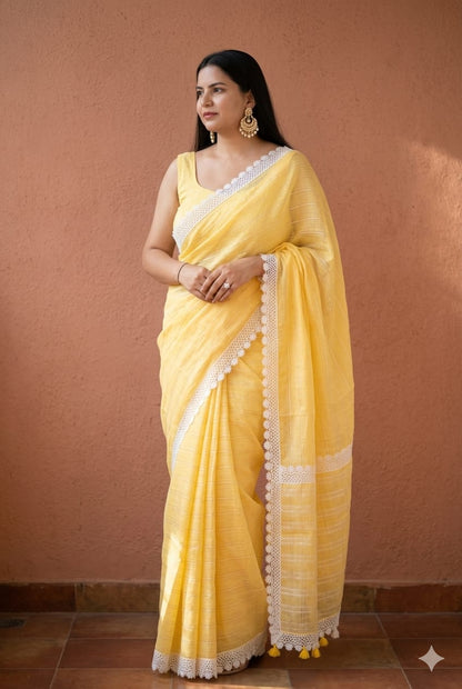Linen saree with white lace