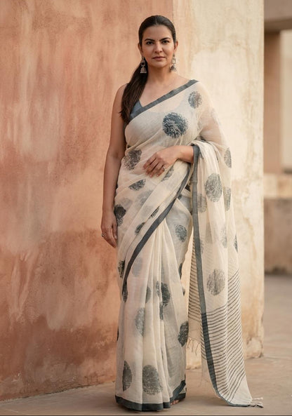 Cotton Silk Saree with Block Print