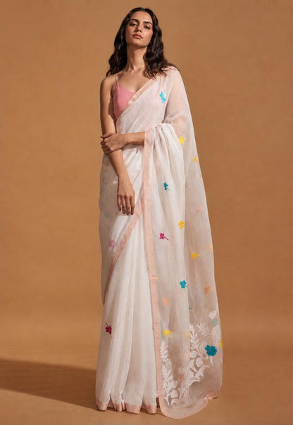 Matka muslin saree with dragon fly motifs