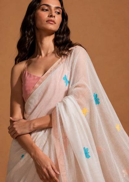 Matka muslin saree with dragon fly motifs