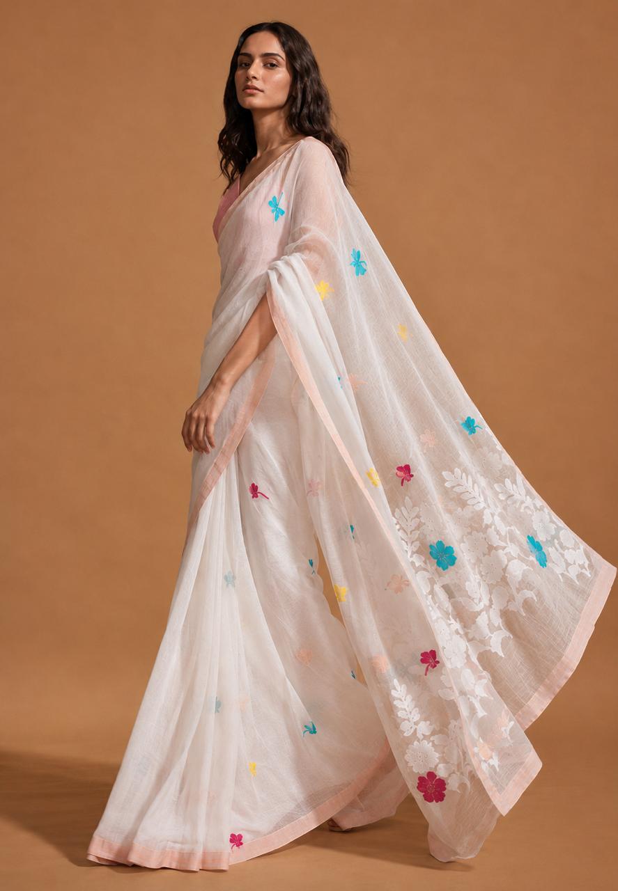 Matka muslin saree with dragon fly motifs