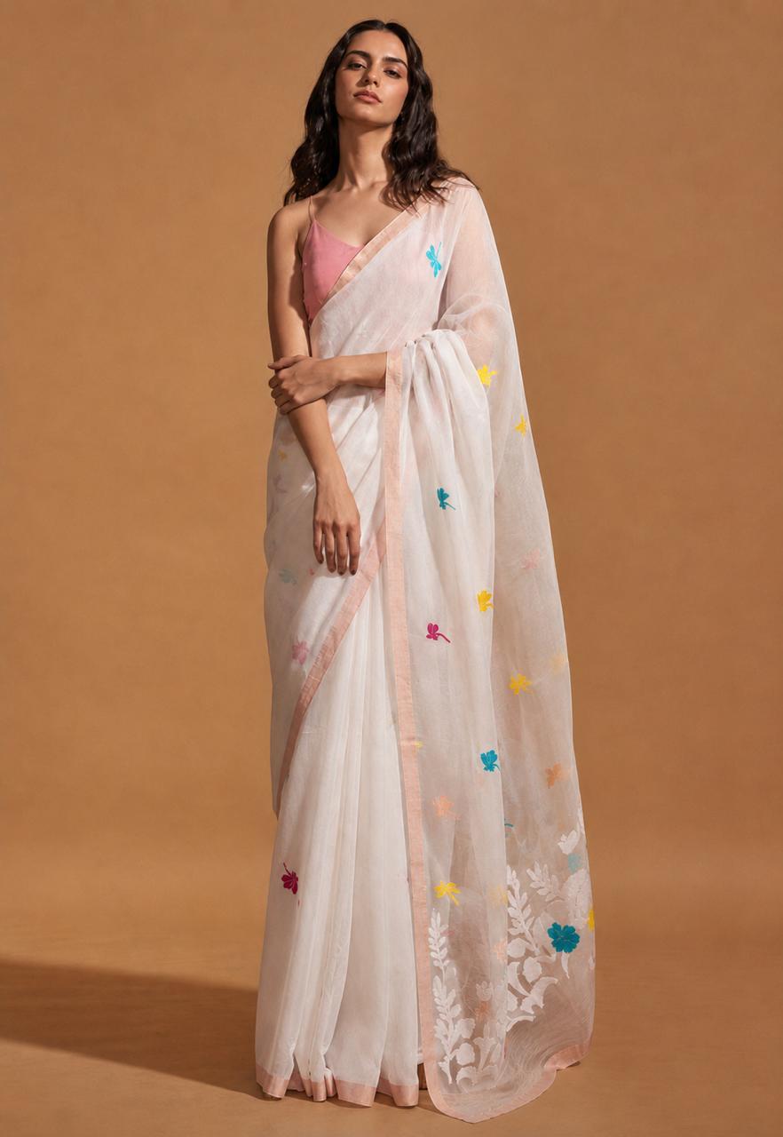 Matka muslin saree with dragon fly motifs