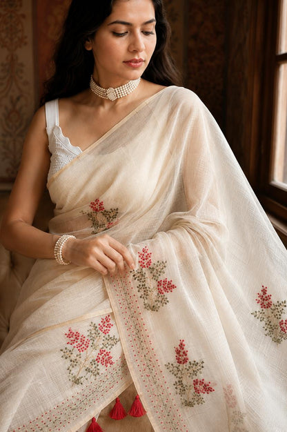 Ivory Linen Saree with Hand Embroidered