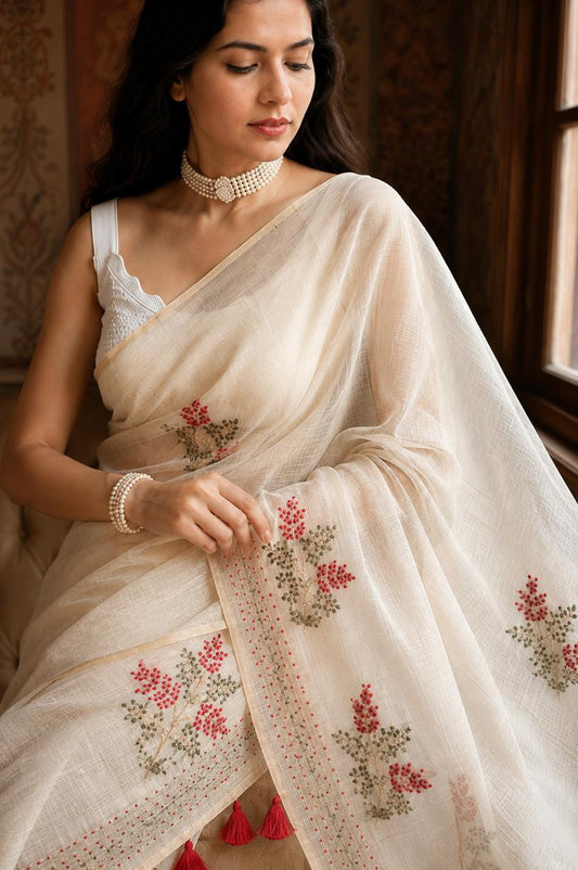Ivory Linen Saree with Hand Embroidered